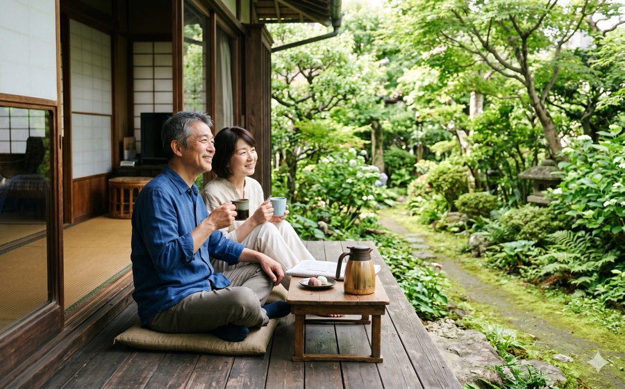緑豊かな庭を眺めながら縁側でくつろぐ50代夫婦