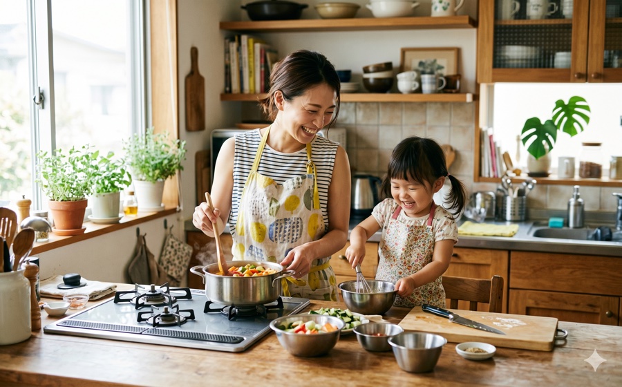 キッチンで子どもと過ごす母親
