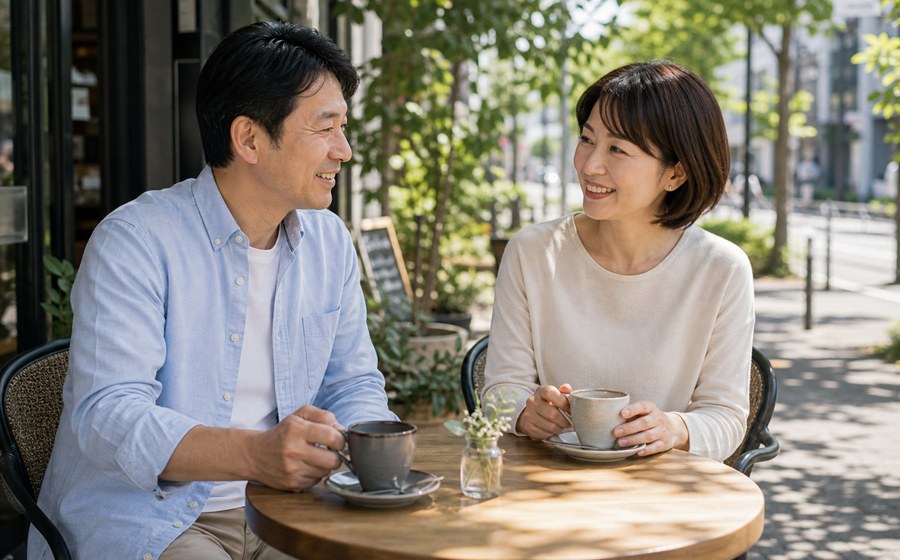 夫婦で食事をしながら落ち着いて話す時間を持つ場面