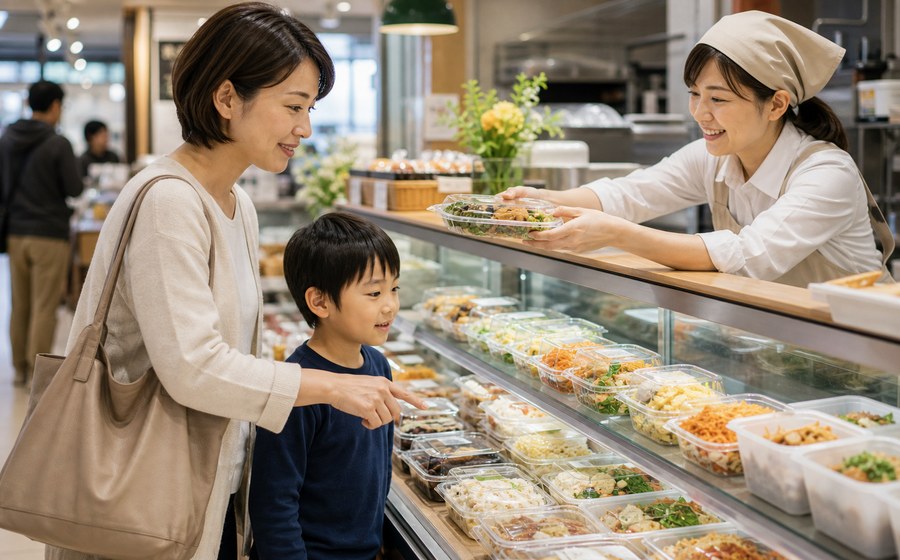 食卓の準備を家族で分担し、献立の負担を軽くする場面
