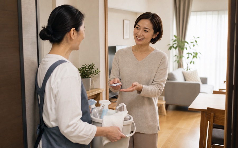 家の片付けを外部サービスと分担し、家事の負担を減らす場面