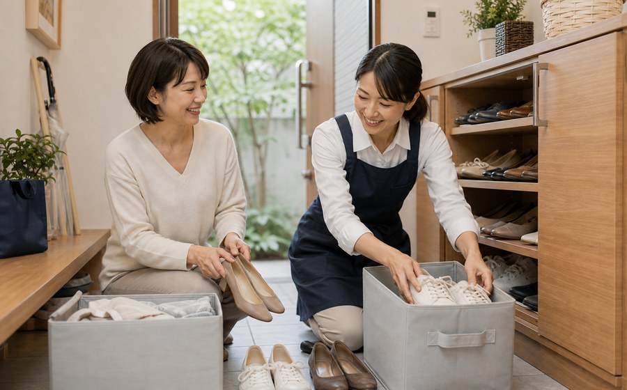 家の片付けを外部サービスと分担し、家事の負担を減らす場面
