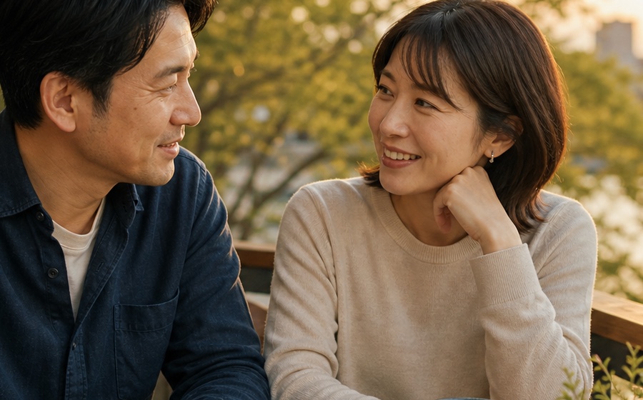 夫婦で静かな場所に出かけ、伴侶として話す時間を作る場面