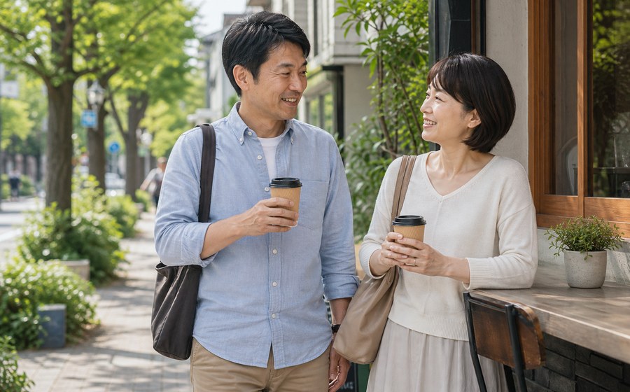 夫婦で散歩しながら日常の緊張をほどく場面