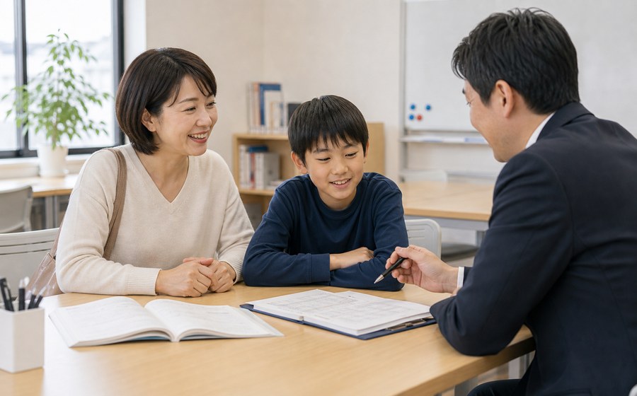 親子で学習計画を話し合い、教育費の使い道を決める場面