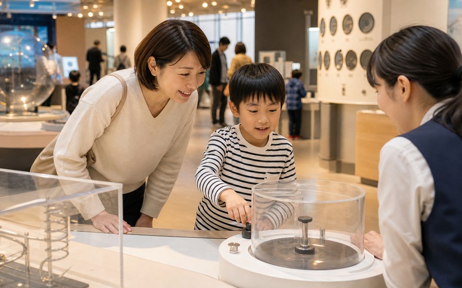 科学館で展示を体験する日本の親子