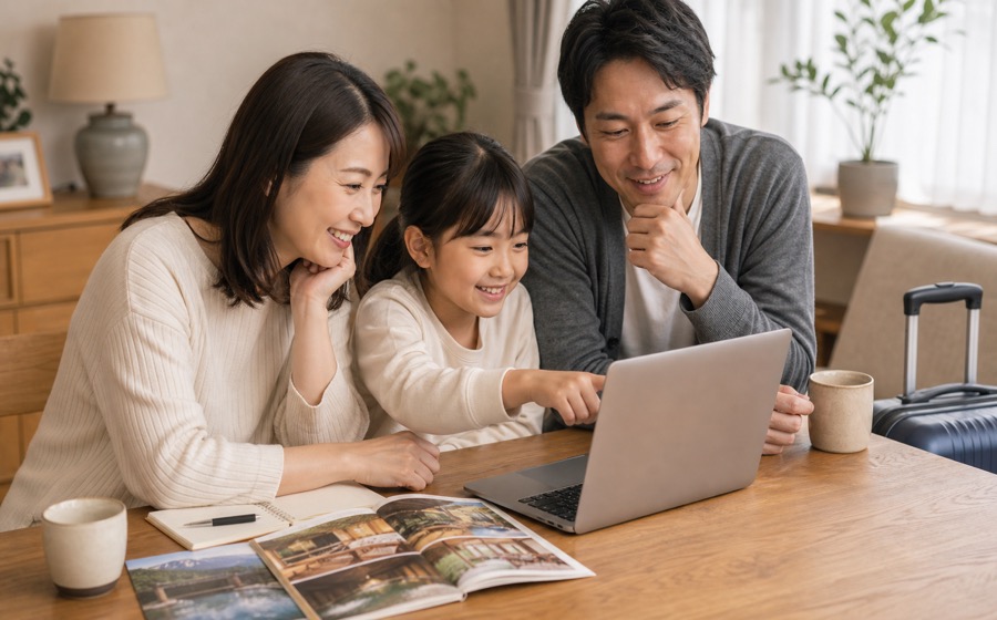 展示や体験施設のチケットを購入し、子どもの体験機会を広げる場面