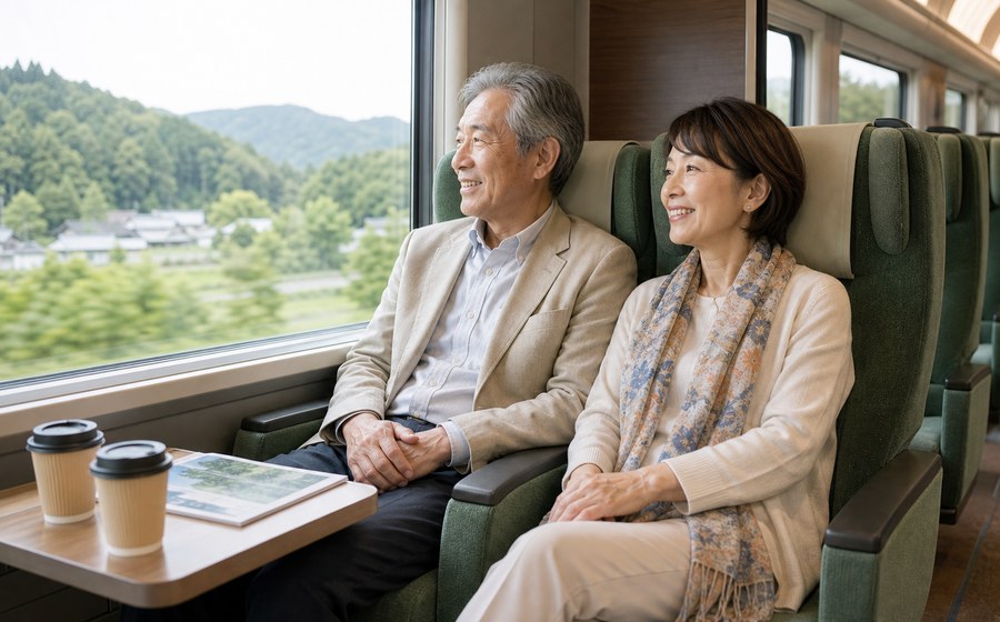 疲れにくい移動のために座れる移動手段を確保する場面