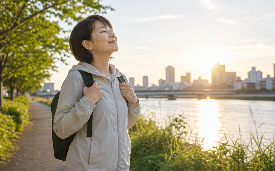 自分のための場所で深呼吸し、生活の圧迫感を逃がす場面