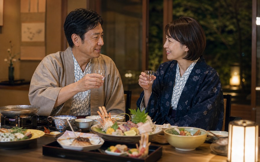 旅先で非日常を味わい、家族の会話を取り戻す場面