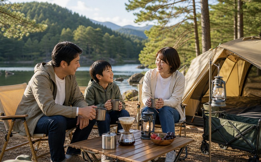 自然の中でゆっくり過ごし、家族の緊張をほどく場面
