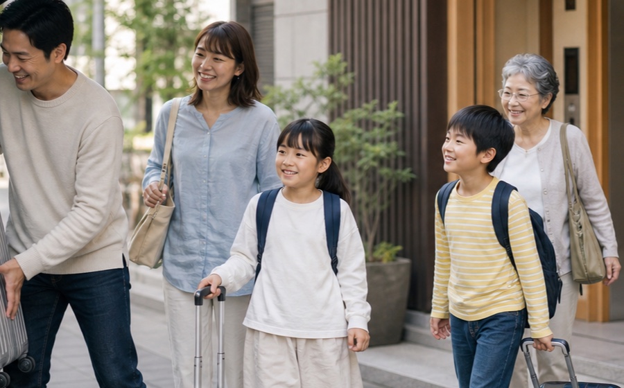 家族で自然の中を歩き、日常から離れる時間を持つ場面