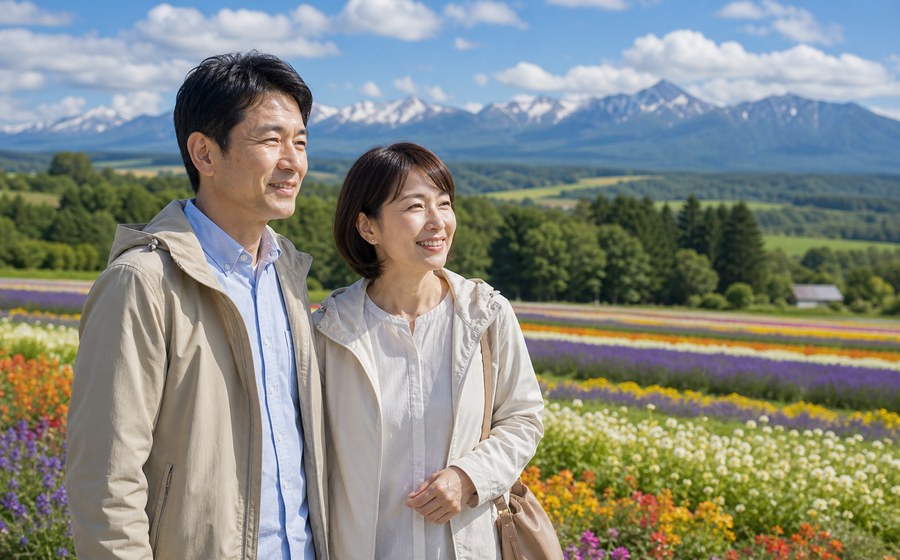 家族で自然の中を歩き、日常から離れる時間を持つ場面