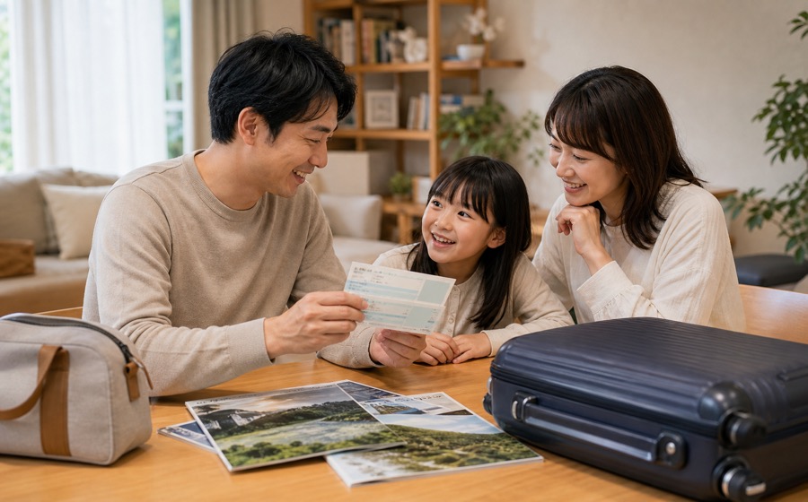 旅先で家族の思い出を残し、非日常を楽しむ場面