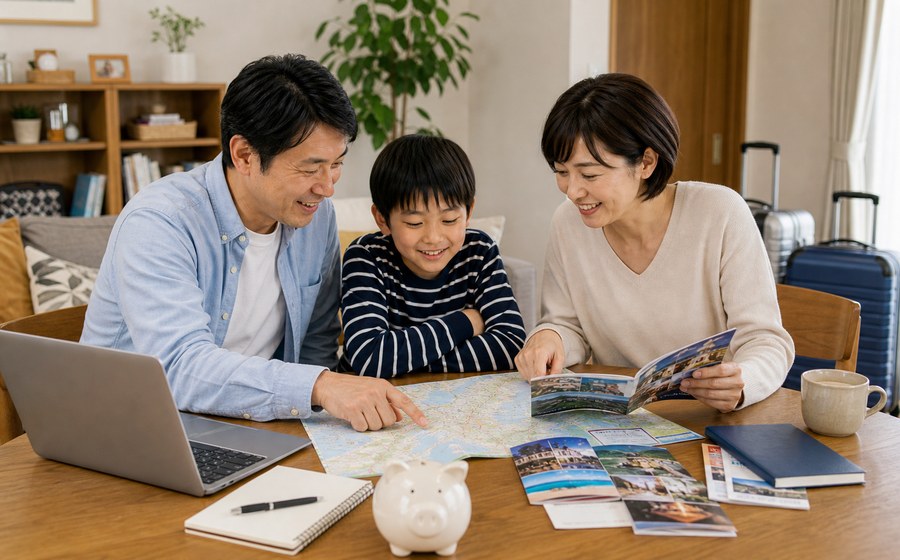 旅の計画を立て、家族で楽しみに向かう時間を作る場面