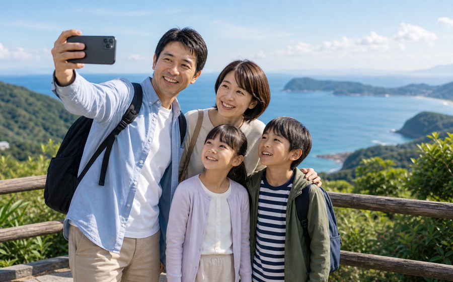 旅先で家族の思い出を残し、非日常を楽しむ場面