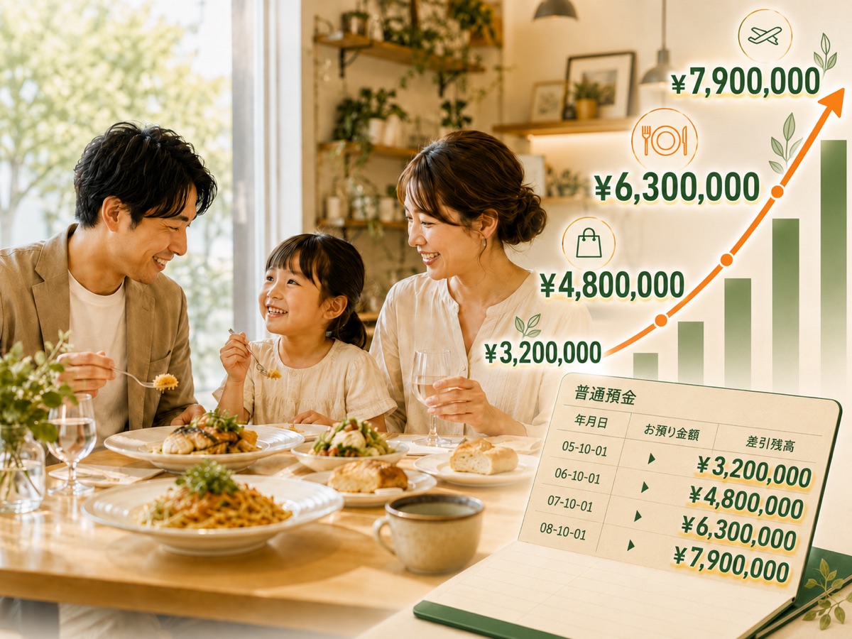 家族で食卓を囲む様子と、通帳の残高が増えていくイメージ