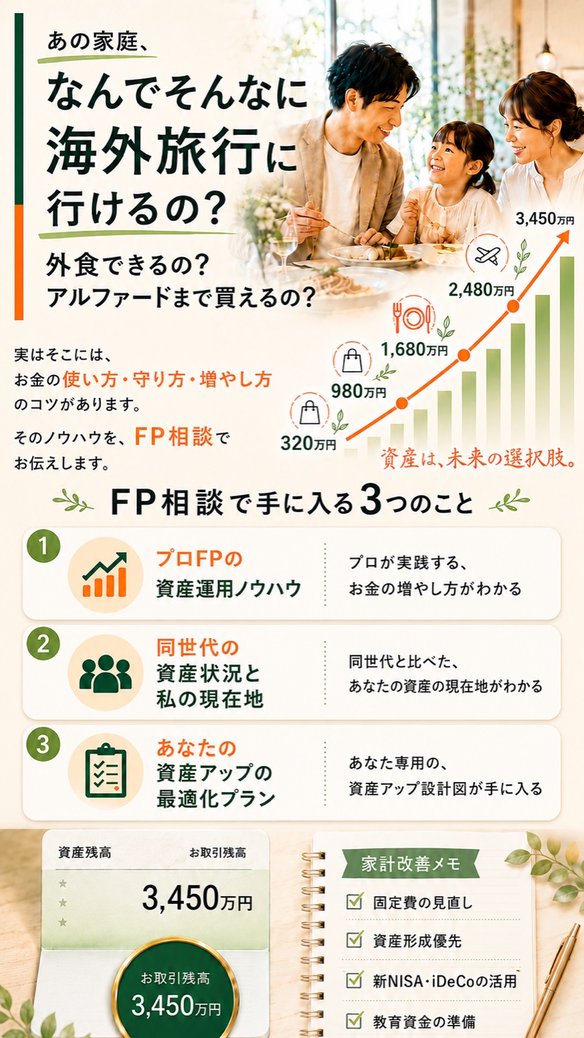家族で食卓を囲む様子と、資産が1,200万円から3,450万円へ増えていくグラフ・通帳のイメージ