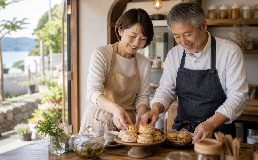 海辺の小さなカフェで焼き菓子を並べる60代夫婦