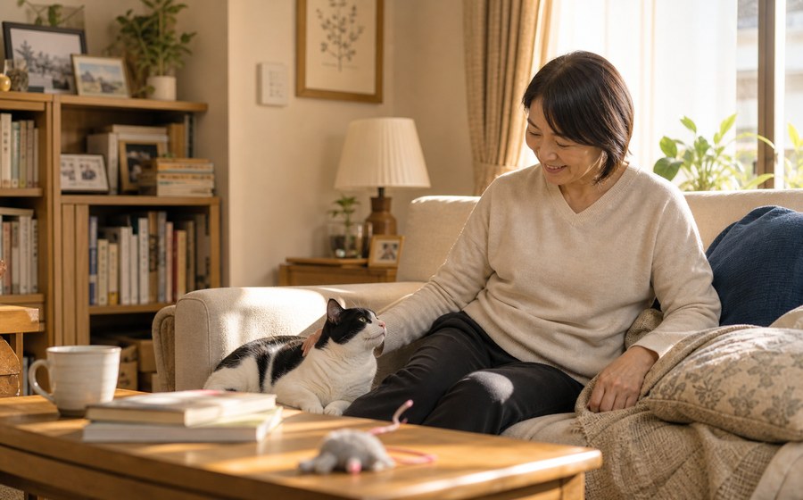 自宅のソファで猫との暮らしを楽しむ50代 女性のいきがいシーン
