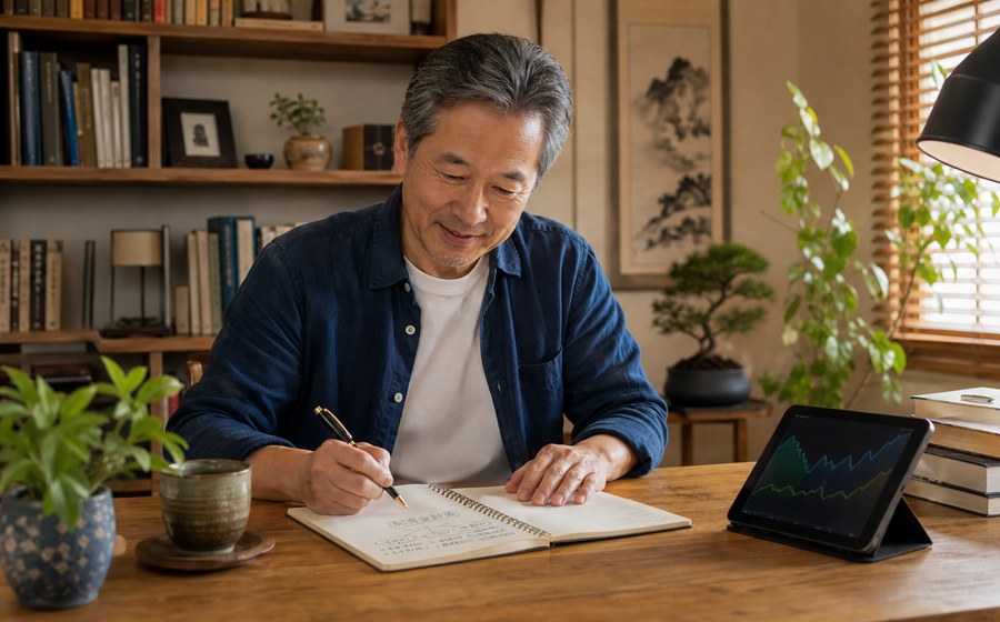 自宅の書斎で企業研究ノートをつける60代 男性のいきがいシーン