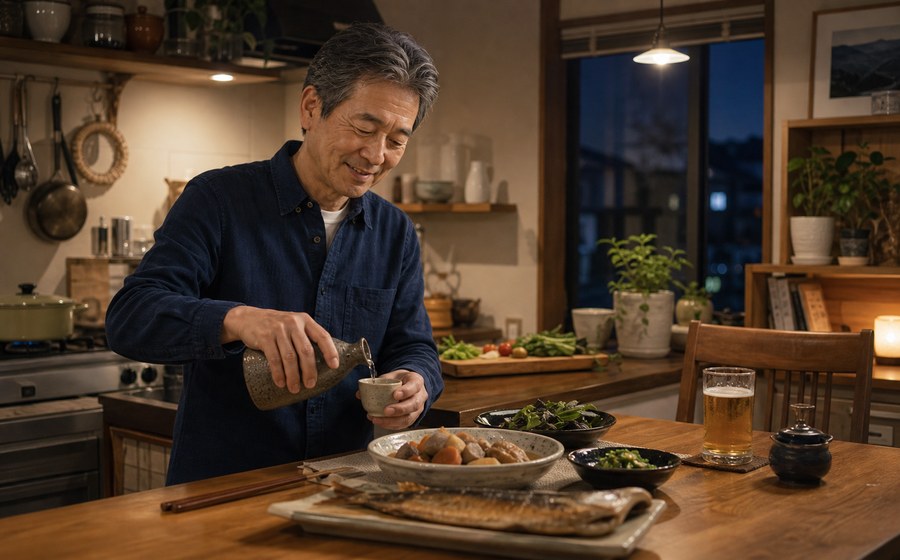 家で料理と晩酌を楽しむ60代 男性のいきがいシーン