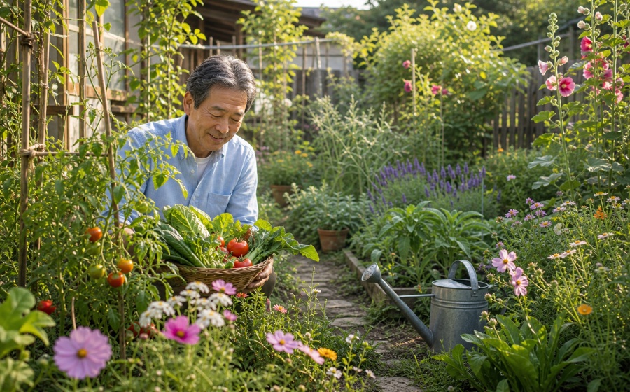 草花に囲まれた庭の家庭菜園で野菜を収穫する60代 男性のいきがいシーン