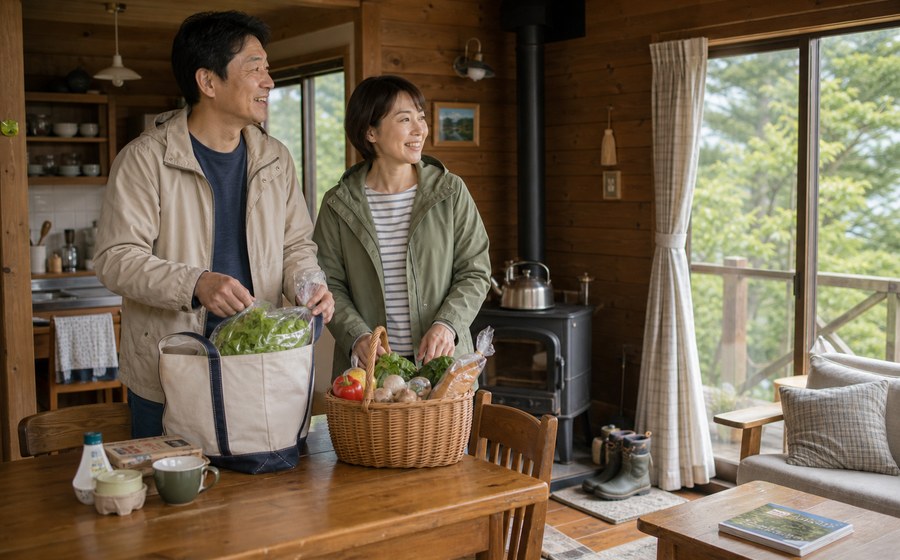 山の別荘で暮らしを楽しむ50代 夫婦のいきがいシーン