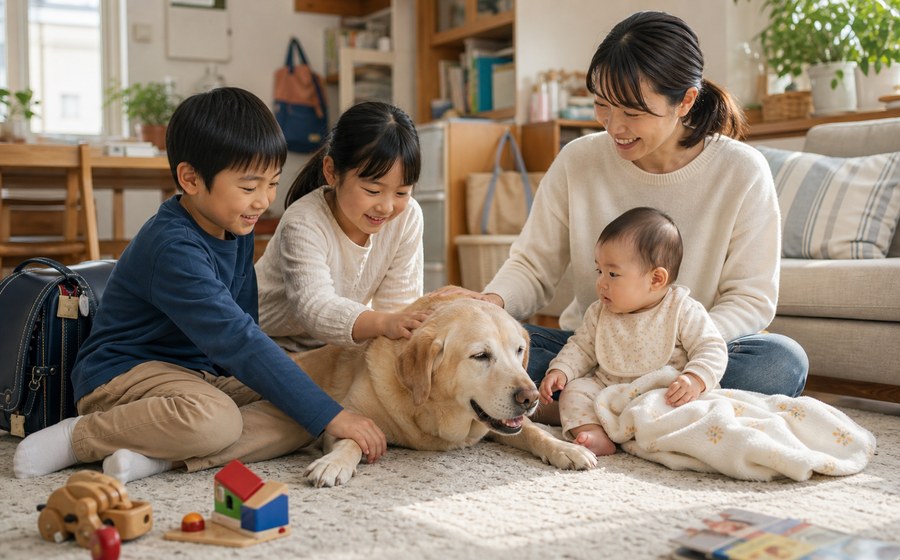 リビングで子どもと犬との暮らしを楽しむ40代 女性のいきがいシーン