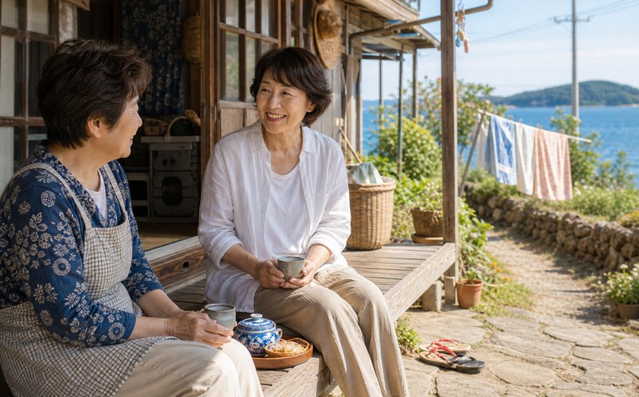 島の家の縁側で暮らしを体験する60代 女性のいきがいシーン