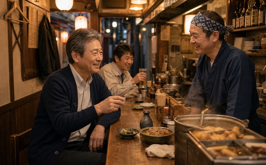 行きつけの横丁のカウンターで一杯を楽しむ60代 男性のいきがいシーン