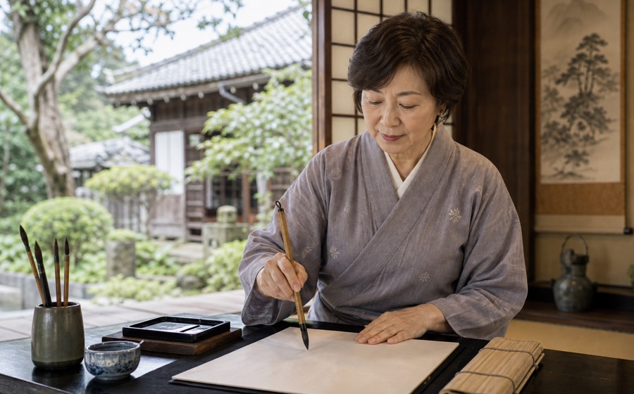 鎌倉のお寺で書道を楽しむ60代 女性のいきがいシーン