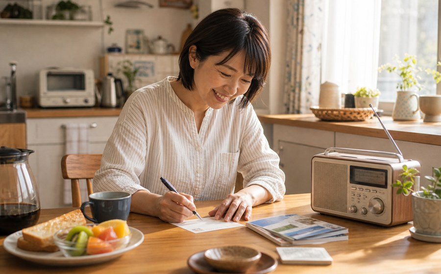 朝の台所でラジオ番組を楽しむ40代 女性のいきがいシーン