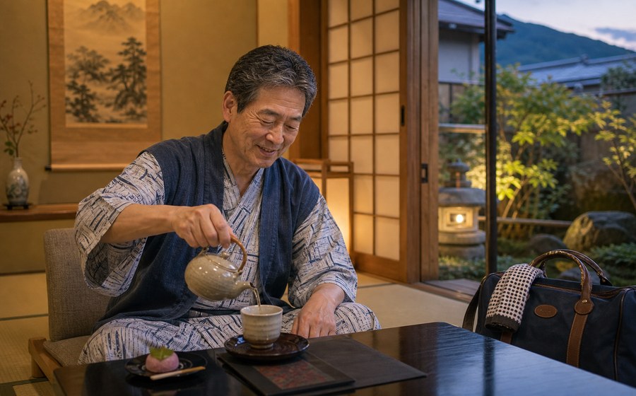 温泉旅館の部屋でお茶を楽しむ60代 男性のいきがいシーン