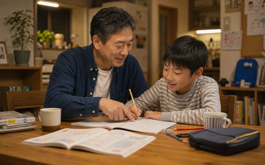 食卓で子どもの学びを見守る50代 男性のいきがいシーン