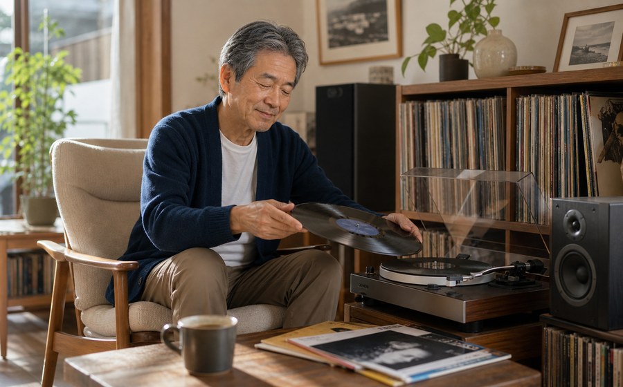 リビングでレコードを聴きながら音楽を楽しむ60代 男性のいきがいシーン