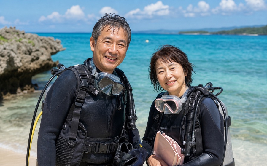 スキューバダイビングを楽しむ50代 夫婦のいきがいシーン
