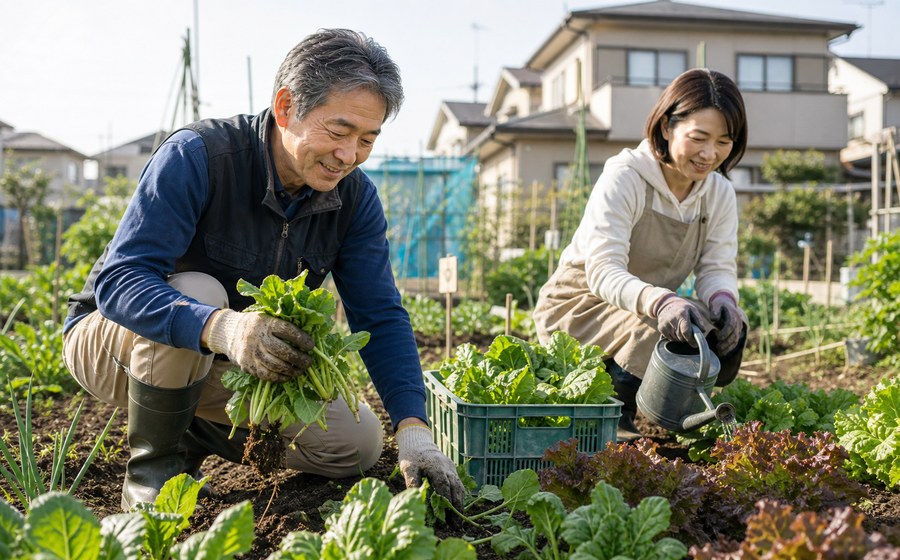 週末農業で野菜を収穫する50代 夫婦のいきがいシーン