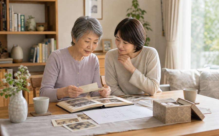 家族写真を見ながら想い出を語る60代 女性のいきがいシーン